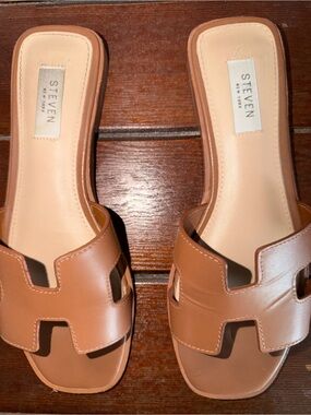Steven New York Brown Leather Slide Mules